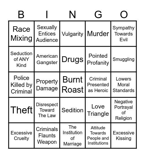 Hays Code Bingo Card