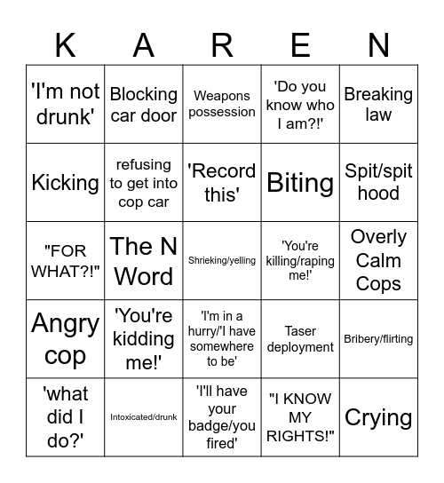 Karen Bingo Card