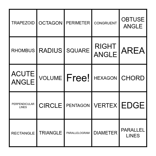 GEOMETRY BINGO Card