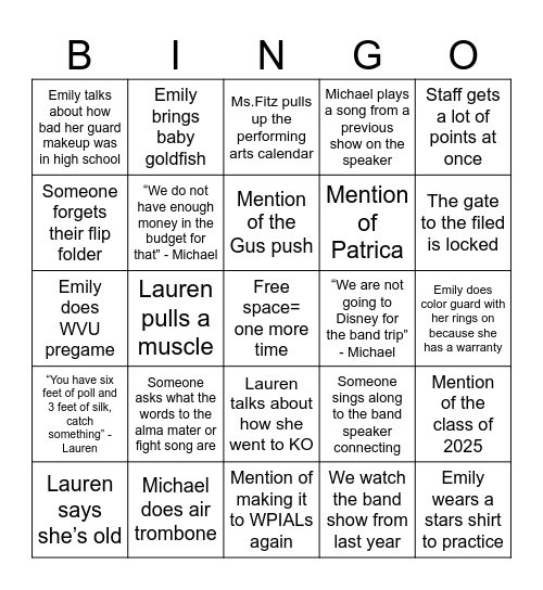 Band Camp 2025 Bingo Card Bingo Card
