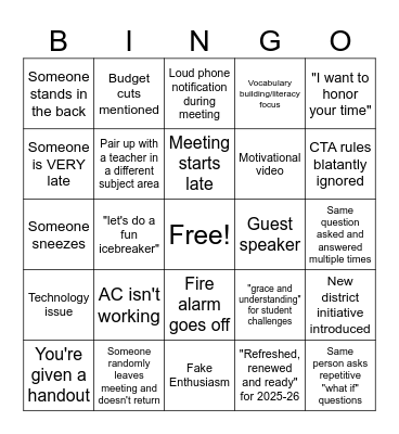 Preplanning Meeting Bingo Card