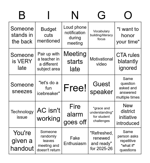 Preplanning Meeting Bingo Card