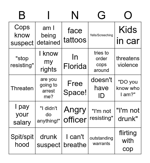 Cop Bodycam Bingo Card