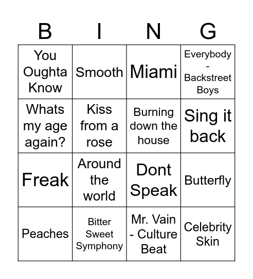 90's Bangers Bingo Card