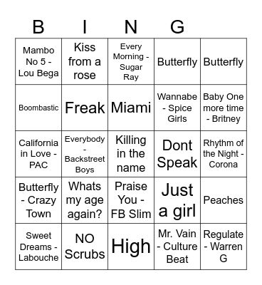 90's Bangers Bingo Card