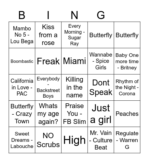 90's Bangers Bingo Card