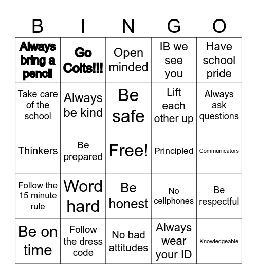 Crockett Colts Bingo Card