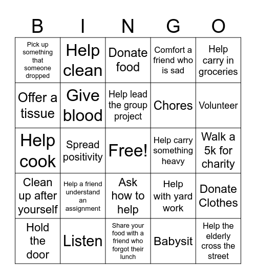 Offering help Bingo Card