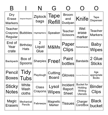Teacher Supplies Bingo Card