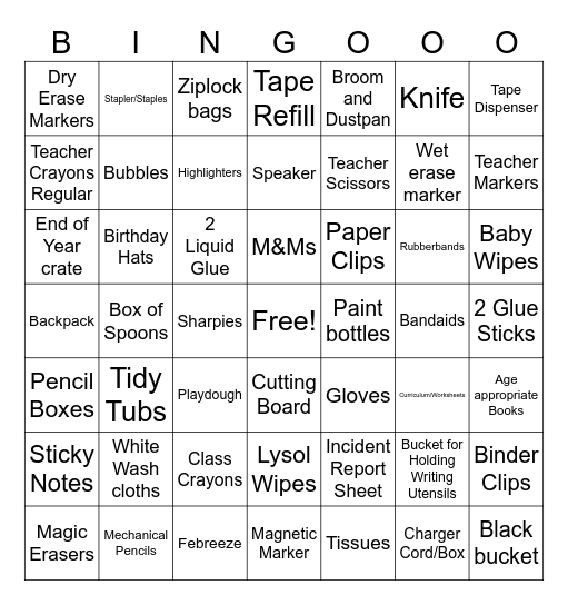 Teacher Supplies Bingo Card