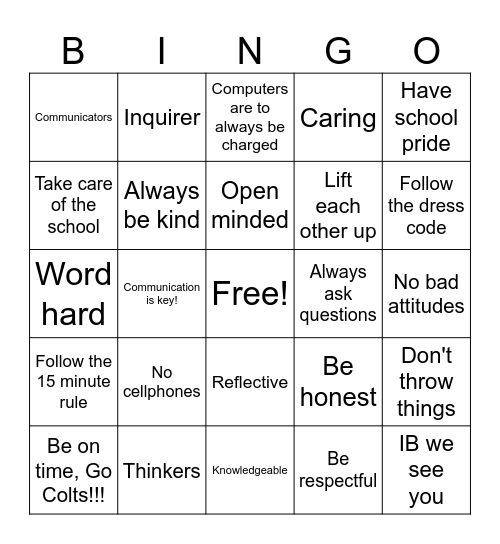 Classroom Expectations Bingo Card