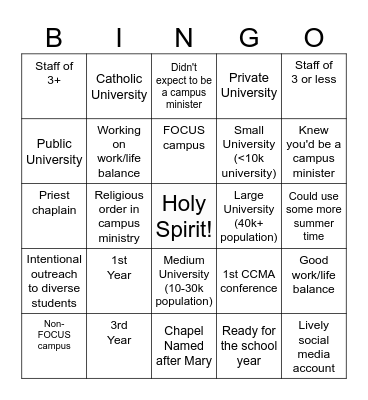 Campus Minister Bingo Card