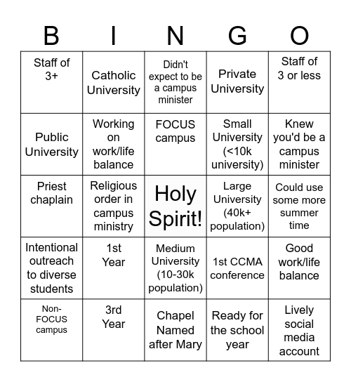 Campus Minister Bingo Card
