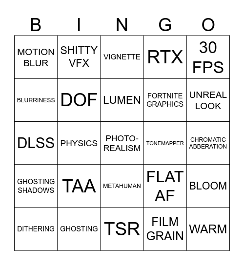 UE5 Graphics Bingo Card