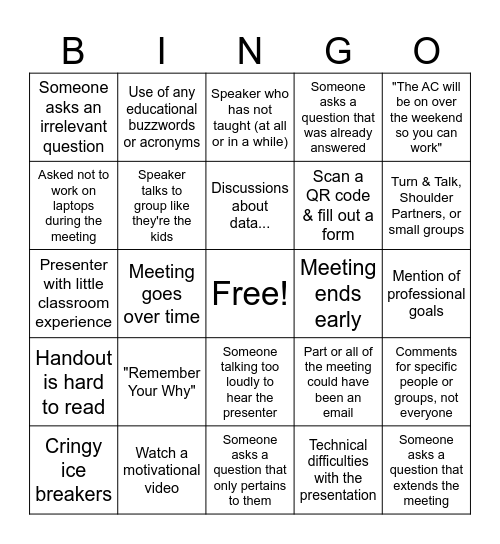 Back-to-School Week Meetings Bingo Card