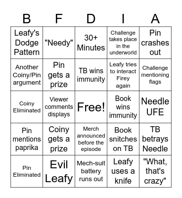 BFDIA 22 Predictions Bingo Card