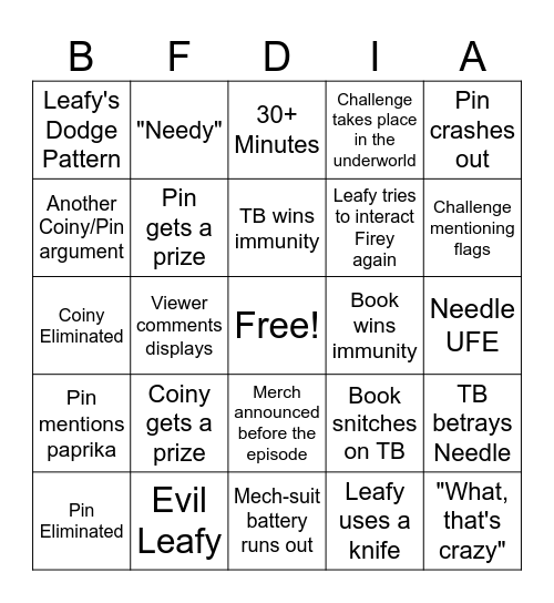 BFDIA 22 Predictions Bingo Card
