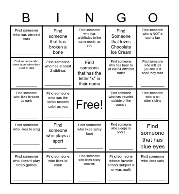 Find a Friend Bingo Card