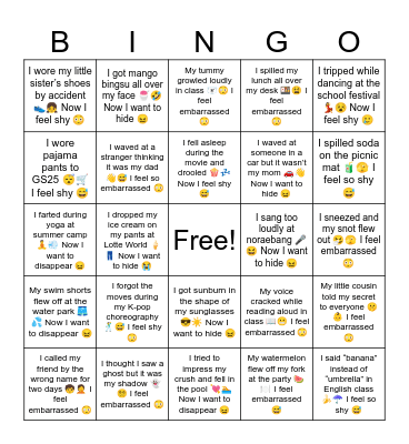 Embarrassing Summer Vacation Bingo Card