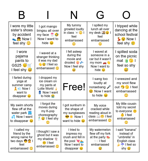 Embarrassing Summer Vacation Bingo Card