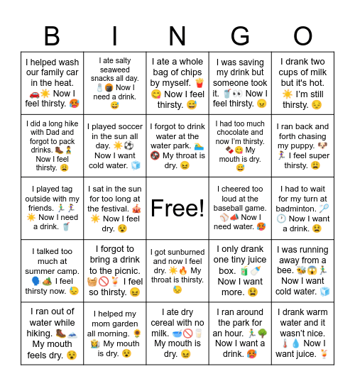 Thirsty Summer Vacation Bingo Card