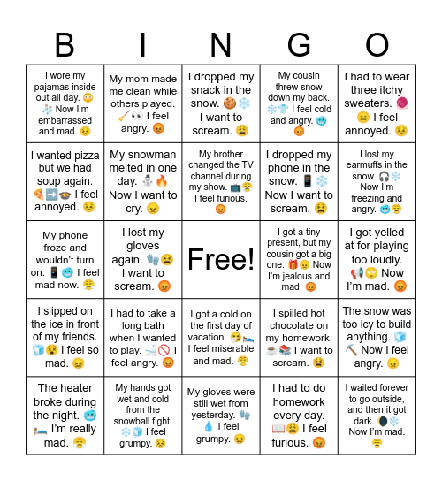 Angry Winter Vacation Bingo Card