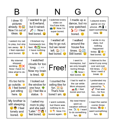 Bored Summer Vacation Bingo Card