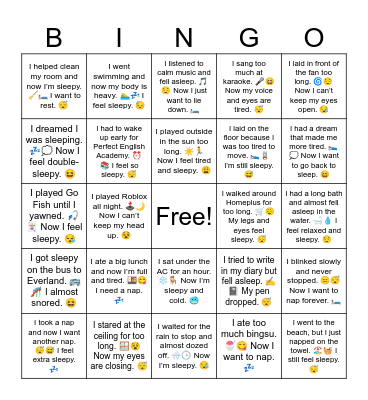 Sleepy Summer Vacation Bingo Card