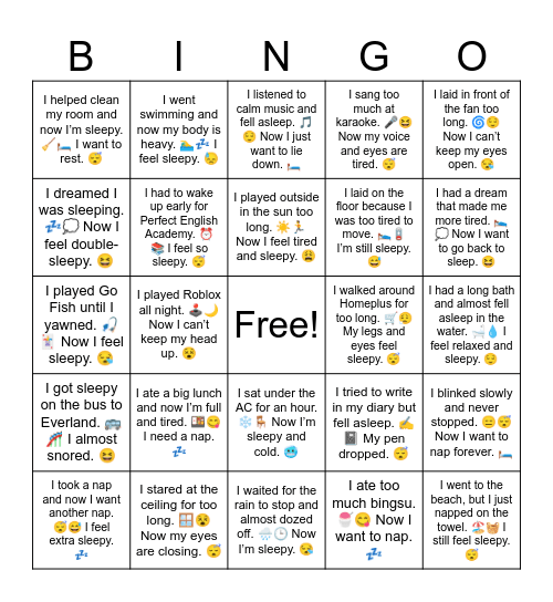 Sleepy Summer Vacation Bingo Card