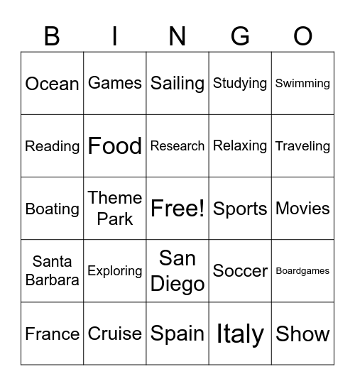 Example Card Bingo Card