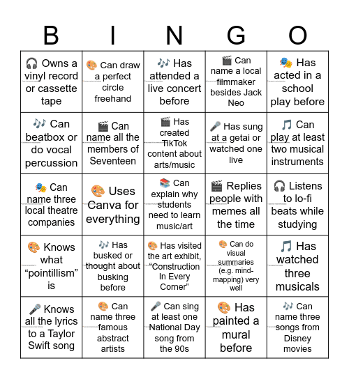 Art and Music Teachers BINGO Card