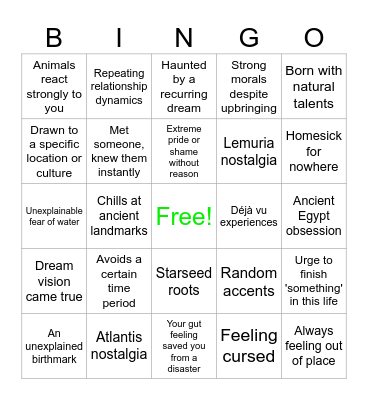 Past-Life Bingo Card