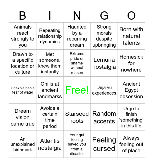 Past-Life Bingo Card