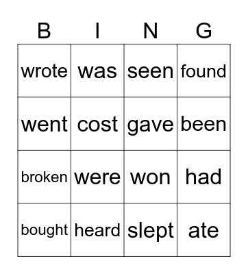 Irregular verbs Bingo Card