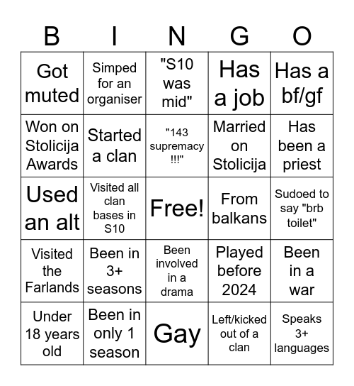 Stolicija Bingo Card