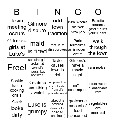 Gilmore Girls Bingo Card