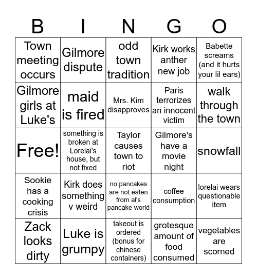 Gilmore Girls Bingo Card