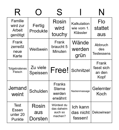 Rosins Restaurants Bingo Card
