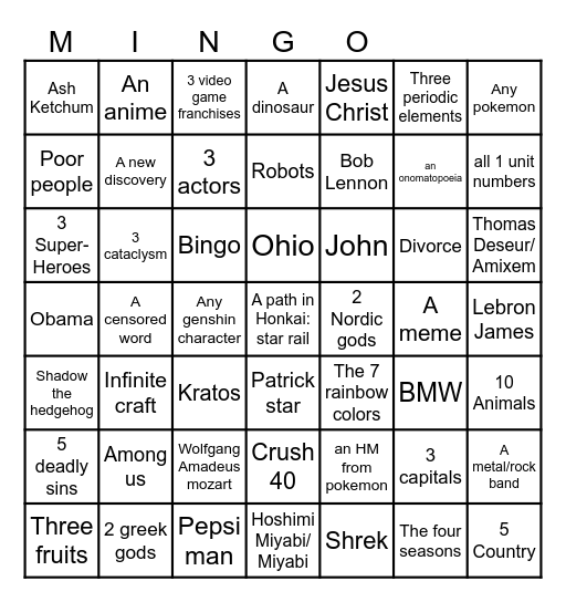 Infinite craft mingoo Bingo Card