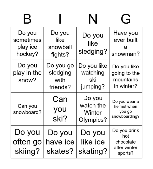 Winter sports Bingo Card