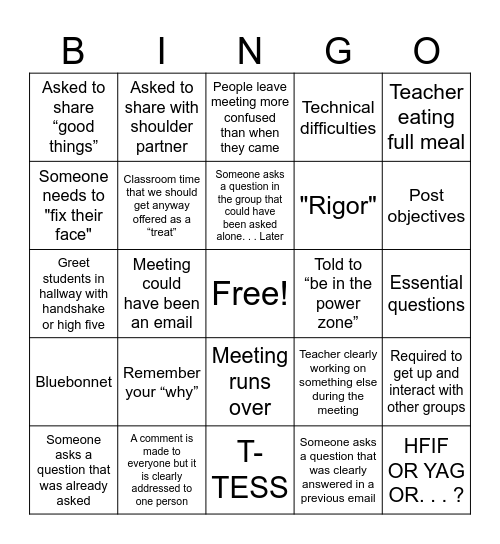 Teacher PD Bingo Card