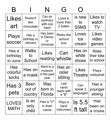 Middle School BINGO: Find someone who... Bingo Card