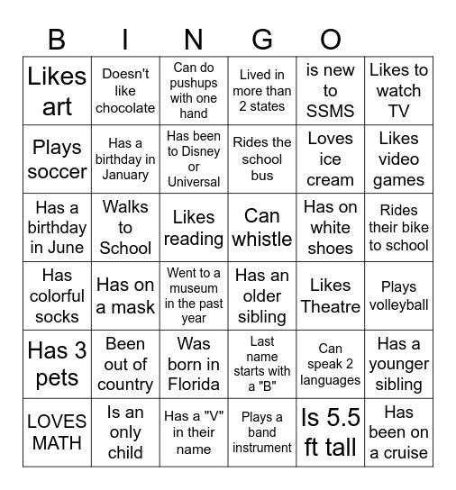 Middle School BINGO: Find someone who... Bingo Card