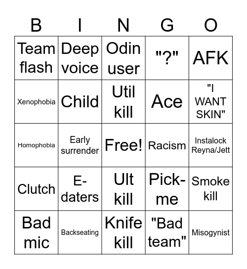Valorant Streamer Starter Pack Bingo Card