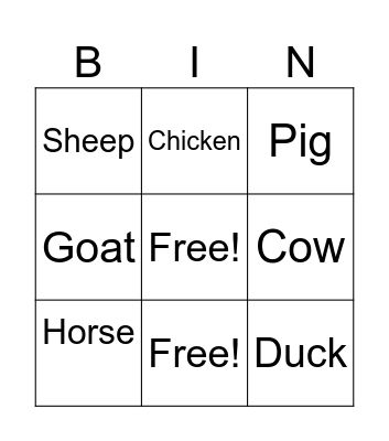 Farm Animals Bingo Card