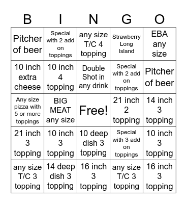 Pizza Party Bingo Card