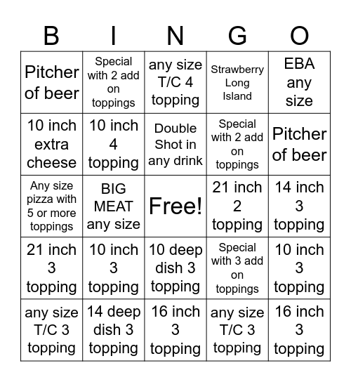 Pizza Party Bingo Card