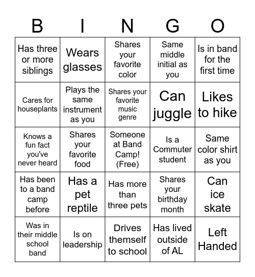 Band Camp Bingo ! Bingo Card