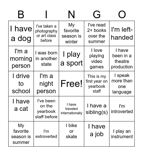 Yearbook Class Bingo Card