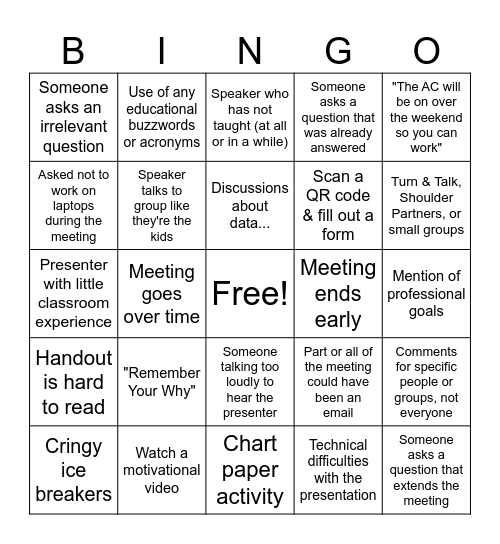 Back-to-School Week Meetings Bingo Card